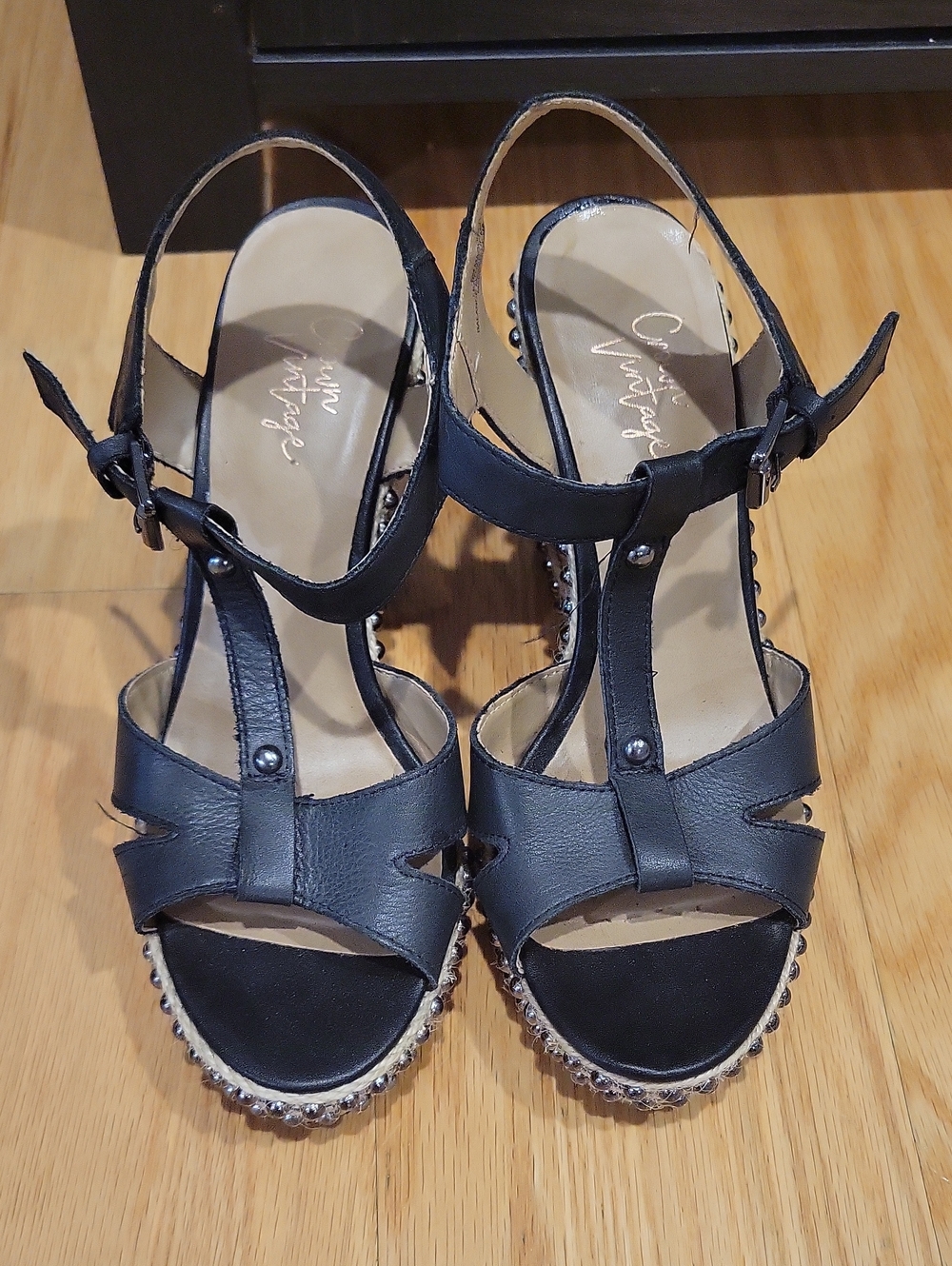Crown Vintage Black Studded T-Strap Wedge Sandals with Metallic Trim